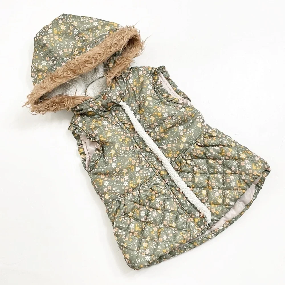 Toddler girls floral print puffer vest with hood